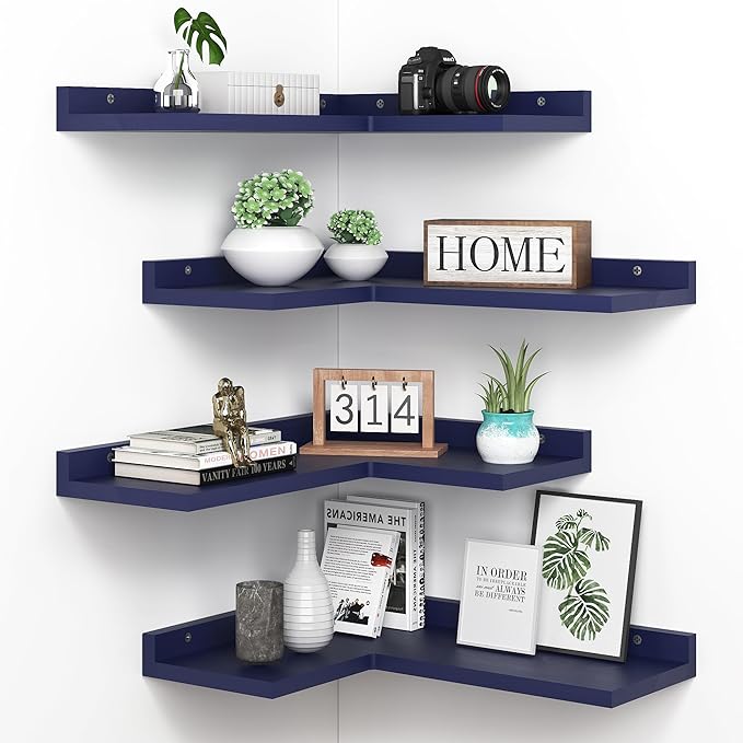 4 Tier Floating Shelves - Navy Blue Set of 4, Rustic Pine Wooden L Shaped Corner Wall Shelf for Wall Decor Storage, Bedroom, Living Room, Bathroom, Kitchen