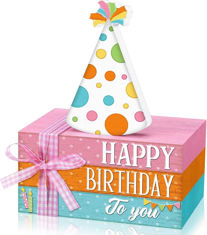 Geelin 4 Pcs Birthday Wooden Book Stack Decor, Rustic Happy Birthday Table Centerpieces with Party Hat Wooden Sign, Colorful Tiered Tray Decorations for Home, Office, and Party Table Decor