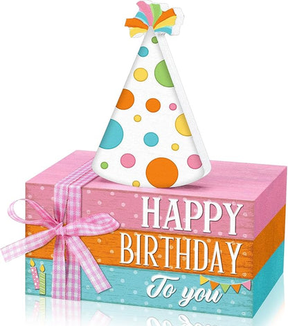 Geelin 4 Pcs Birthday Wooden Book Stack Decor, Rustic Happy Birthday Table Centerpieces with Party Hat Wooden Sign, Colorful Tiered Tray Decorations for Home, Office, and Party Table Decor