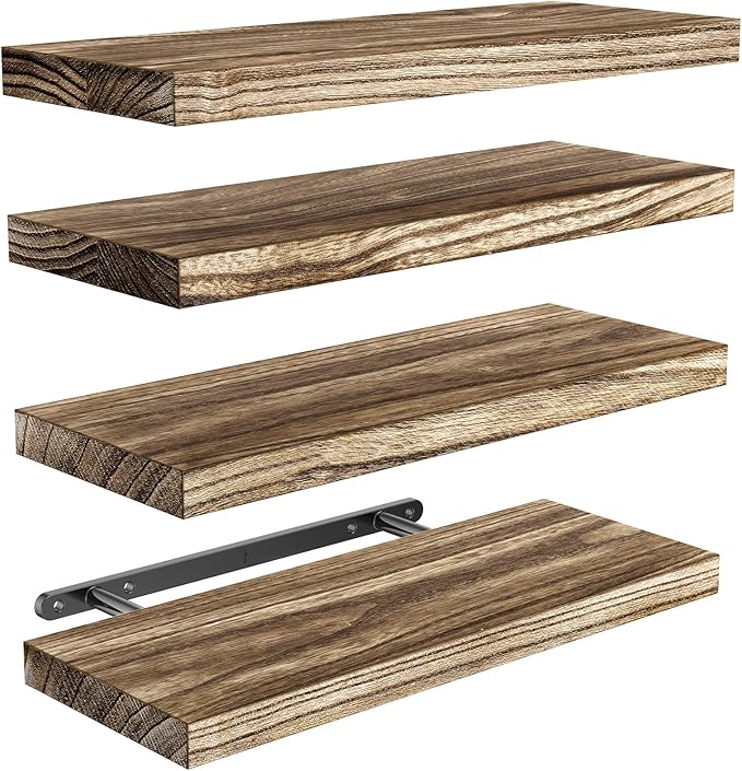AMADA HOMEFURNISHING Floating Shelves, Paulownia Wood Wall Shelves for Bathroom/Living Room/Bedroom/Kitchen/Home Office, Natural Wood Floating Shelf for Home Storage & Organization, Set of 4, AMFS40BN