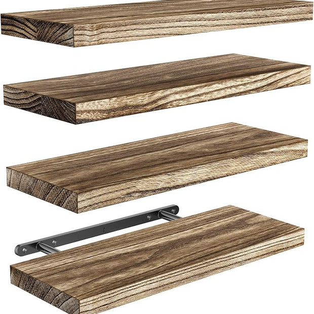 AMADA HOMEFURNISHING Floating Shelves, Paulownia Wood Wall Shelves for Bathroom/Living Room/Bedroom/Kitchen/Home Office, Natural Wood Floating Shelf for Home Storage & Organization, Set of 4, AMFS40BN