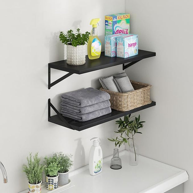 Axeman Deep Floating Shelves - 30 Inch Black Floating Shelves Set of 2-12 Inch Deep Wood Wall Shelves for Living Room Bathroom Kitchen