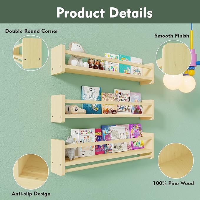 Nursery Floating Bookshelf for Kids, Wall Mounted Kids Book Shelf with Toy Storage, Pine Wood Nursery Shelves for Playroom, Bedroom, Toddler Room, Set of 3 (Pine, 15.8 Inches)