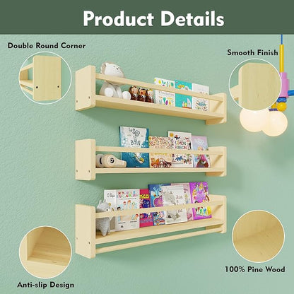 Nursery Floating Bookshelf for Kids, Wall Mounted Kids Book Shelf with Toy Storage, Pine Wood Nursery Shelves for Playroom, Bedroom, Toddler Room, Set of 3 (Pine, 15.8 Inches)