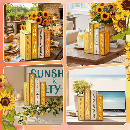 4 Pcs Summer Table Decoration Wooden Book Sunflower Decoration Yellow and White Summer Tiered Tray Decor Wood Book Sign Farmhouse for Home Shelf Coffee Table