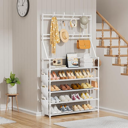 OYREL Shoe Rack 5 Tier Shoe Racks Organizer 20-25 Pairs Shoes Rack for Closet Entrance Shoe Storage Shelf with Hooks and Side Pocket Entryway Shoe Holder Space Saving Free Standing Shoe Racks
