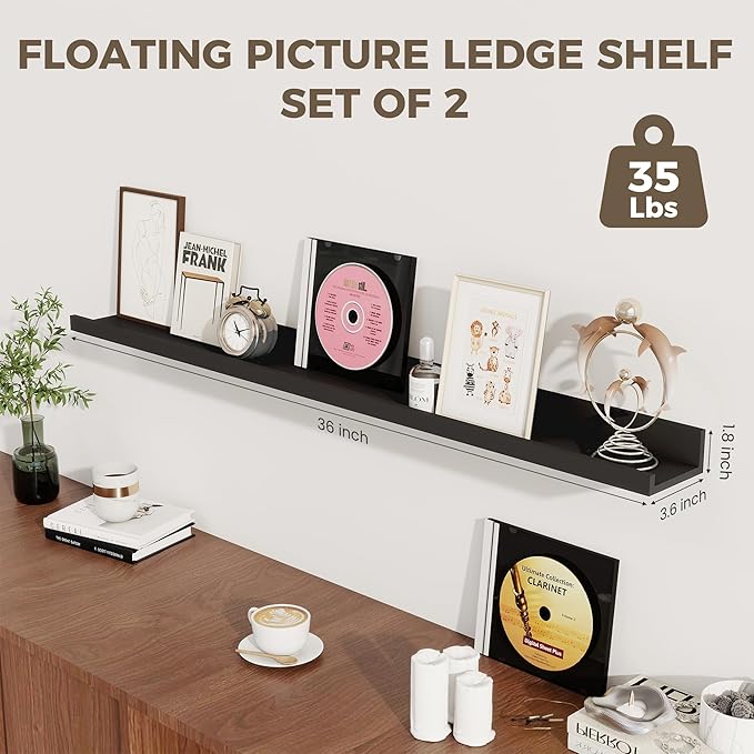 Axeman 36 Inch Floating Shelves | Picture Ledge Shelf Set of 2 | Black Wall Shelves with Lip | Black Picture Shelf for Wall with Ledge | Photo Ledges 36 Inch