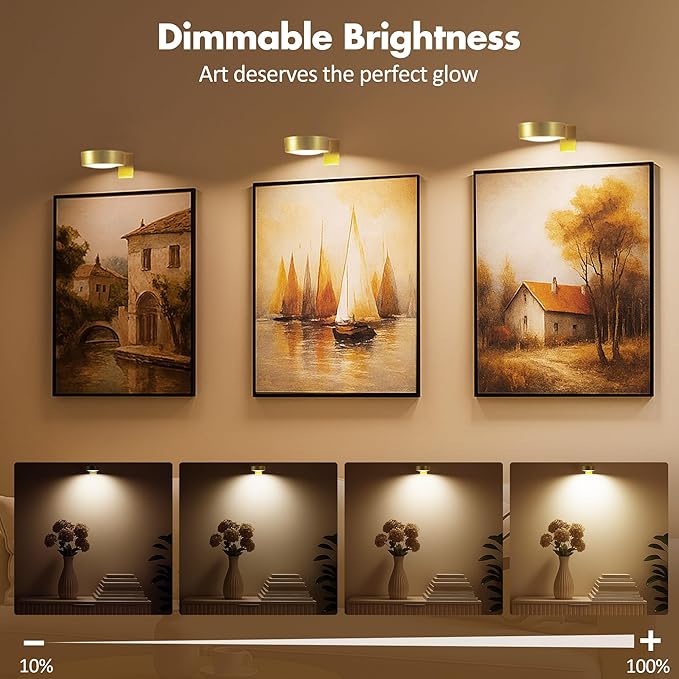 3Pcs Battery Operated Picture Light, Magnetic Led Painting Light with Remote Dimmable and Timer, 3 Lighting Modes Art Display Light for Picture Frame Paintings, Wireless Wall Decor Puck Lights, Gold