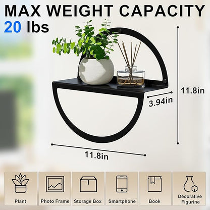 Floating Wall Shelves Set of 2, 11.8 Inch Round Metal Shelves for Wall Decor, One-Tier Small Display Shelf for Bedroom, Living Room, Bathroom, Kitchen Storage & Decoration, Black
