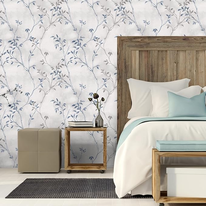 VaryStyle 17.7"x118" Grey Blue Tree Branches Wallpaper Peel and Stick Wallpaper Tree Twigs Leaf Mural Grasscloth Wallpaper Self Adhesive Removable Leaves Contact Paper for Cabinets Bedroom Bathroom