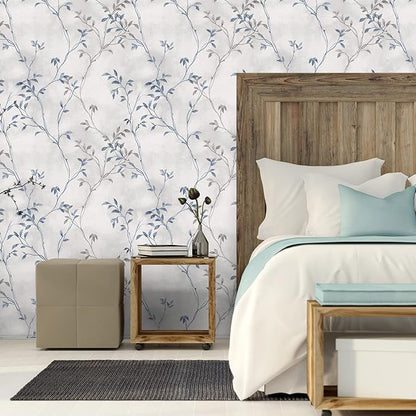VaryStyle 17.7"x393" Tree Branches Peel and Stick Wallpaper Grey Blue Twigs with Leaf Linen Look Wallpaper Waterproof Vinyl Grey Contact Paper Vintage Tree Wall Paper for Kitchen Living Room Walls