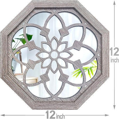 2 PCS Octagon Wall-Mounted Mirrors,Vintage Farmhouse Mirror for Wall Decor,Barn Wood Color Decorative Accent Mirror for Foyer, Bathroom, Bedroom. (12”x12”)