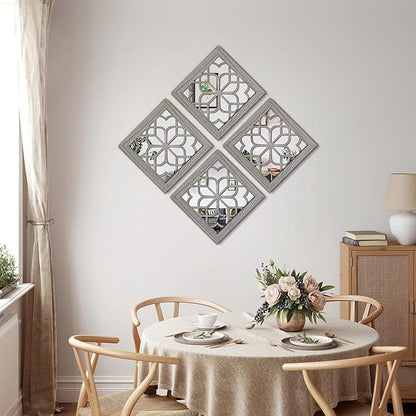 2 PCS Square Rustic Wall Mirror, Farmhouse Wall Mirrors Decorative Brown Wall Mirror for Bedroom Entry Living Room Dining Room (12”x12”)