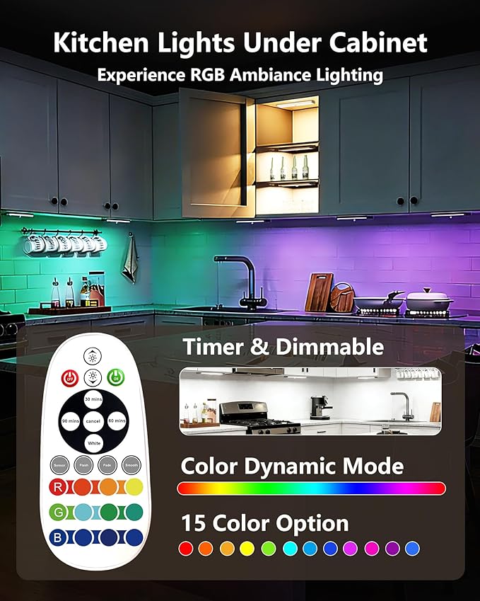 SZOKLED 58-LED Under Cabinet Lighting Wireless, RGB Motion Sensor Night Lights, 1100mAh Magnetic Under Cabinet Lights for Kitchen, Shelf, Stair, 15 Color (4 Pcs)