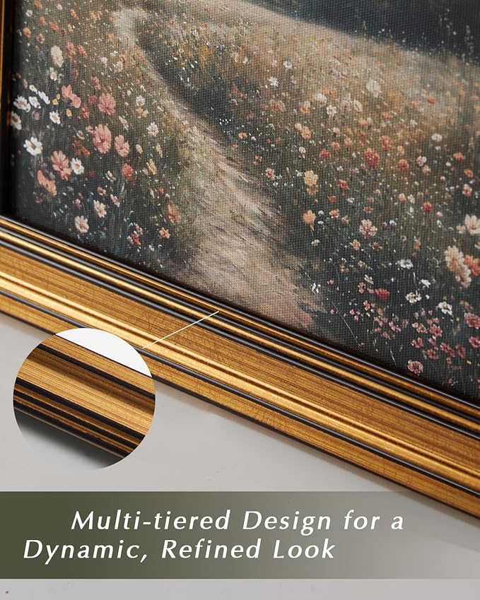 HUARCEY Gold Framed Canvas Wall Art Prints, Living Room Vintage Art Aesthetic, Wildflower Field Floral Landscape Paintings Farmhouse Decor, Retro Decoration for Bedroom Bathroom, 12x16Inch