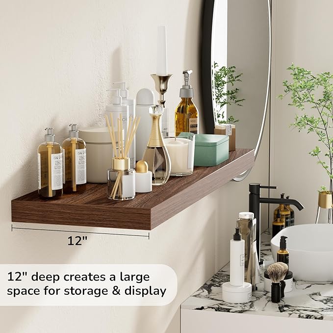 Fun Memories Floating Shelves - 2 Pack 12 Inch Deep Rustic Wooden Wall Shelves - Extra Deeper & Thicker Wall Mounted Storage Shelf for Living Room, Kitchen, Farmhouse - 36