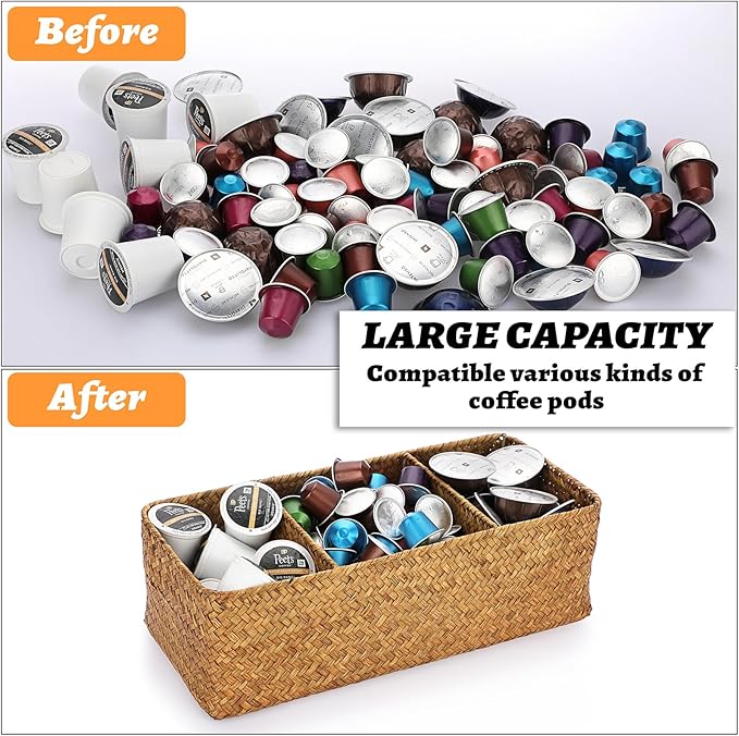 ELLDOO Woven Seagrass Wicker Rattan Storage Basket, Large Capacity Coffee Pod Holder Organizer for K Cup Nespresso Pods, 3-Section Seagrass Storage Box for Coffee bar Shelves Kitchen Cabinets,Brown
