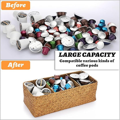 ELLDOO Woven Seagrass Wicker Rattan Storage Basket, Large Capacity Coffee Pod Holder Organizer for K Cup Nespresso Pods, 3-Section Seagrass Storage Box for Coffee bar Shelves Kitchen Cabinets,Brown