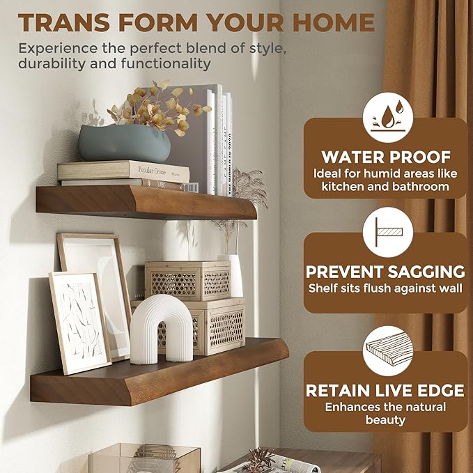 RICHFOCUS Floating Shelves for Wall 48 Inch Solid USA-Sourced Oak Wooden Shelves for Bathroom Kitchen 9" Deep Modern Wood Shelf with Heavy-Duty Bracket for Wall Mounted, Walnut Finish