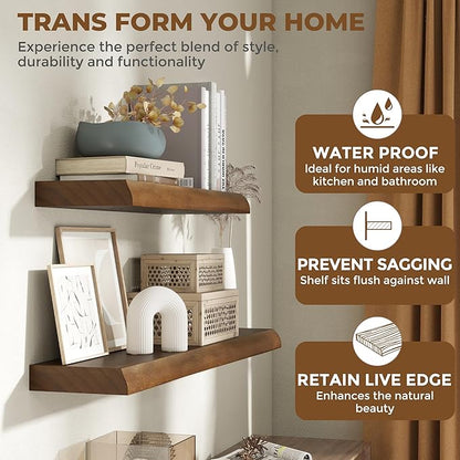 RICHFOCUS Live Edge Wood Floating Shelves 72" Natural Solid Wood Wall Mounted Shelf|Extra Long Floating Shelves for Wall with Invisible Bracket for Bathroom Kitchen Room|1Pcs, Walnut
