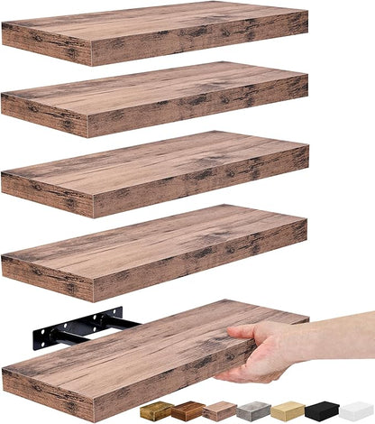 Sorbus Floating Shelves for Wall – 16 Inch Floating Shelf for Kitchen, Bedroom, Living Room, Bathroom, Home & Wall Decor - Mounted Bathroom Shelves with Invisible Brackets (Mahogany, 5 Pack)