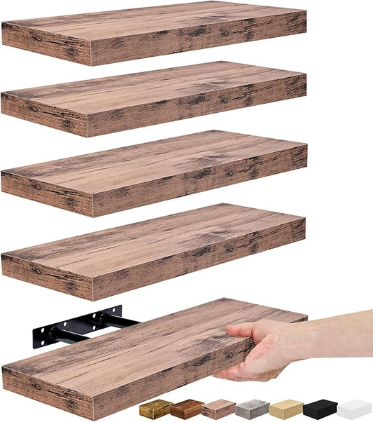 Sorbus Floating Shelves for Wall – 16 Inch Floating Shelf for Kitchen, Bedroom, Living Room, Bathroom, Home & Wall Decor - Mounted Bathroom Shelves with Invisible Brackets (Mahogany, 5 Pack)