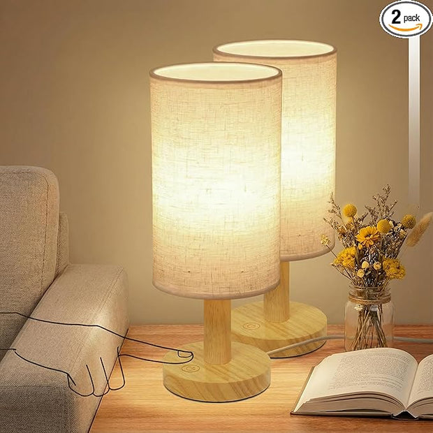 Touch Bedside Table Lamps Set of 2 - Stepless Dimming USB Powered, Minimalist Wood Base Linen Shade, 2700K Warm Night Light for Bedroom Nightstand Nursery Dorm Kitchen Small Spaces(5W LED 50K Hrs)