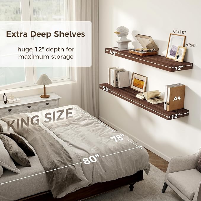 Floating Shelves 48 Inch Long, 12 Inch Deep Floating Shelves for Wall, 48 x 12 Large Wall Shelves for Home Storage & Display, 2