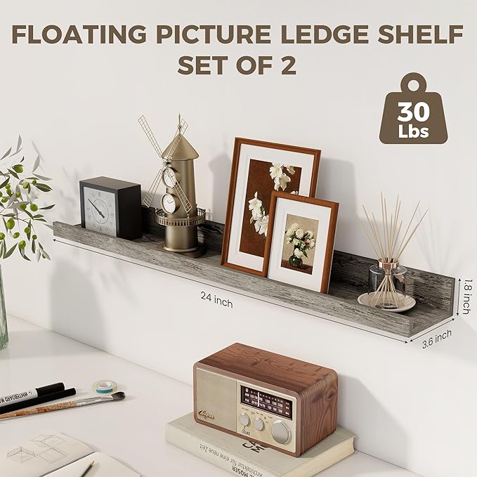 Axeman Picture Ledge Shelf | 24 Inch Floating Shelves Set of 2 | Rustic Grey Wall Shelves with Lip | Grey Picture Shelf for Wall with Ledge | Photo Ledges 24 Inch
