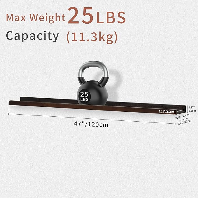 PHOENANCEE Long Floating Shelves for Wall 47 Inch,Real Wood Picture Ledge Shelf with Lip Set of 4,Photo Frame Storage Display for Living Room Nursery Bedroom Bathroom Kitchen Home Decor (Dark Walnut)
