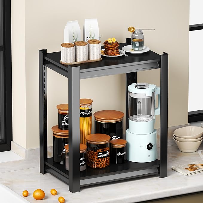 2-Tier Spice Racks, Kitchen Counter Shelves, Industrial Style Kitchen Storage, Metal Adjustable Countertop Shelf for Bathroom, Coffee Bar, Cabinet, Desk, 19.68" W*13.78" D*22.05" H, Black