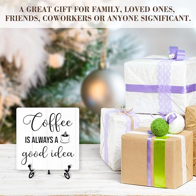 Coffee Sign Desk Decor, Coffee Is Always A Good Idea Sign With Iron Stand, Coffee Wood Plaque For Coffee Station Coffee Shop Home Kitchen Cafe, Farmhouse Coffee Bar Desk Shelf Decoration -01