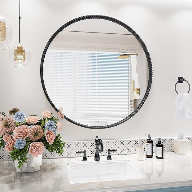 PROHOMEWARE Black Round Bathroom Mirrors, 28 inch Circle Wall Mounted Hanging Mirror for Entryway, Living Room, Hallway, Bathroom, Bedroom
