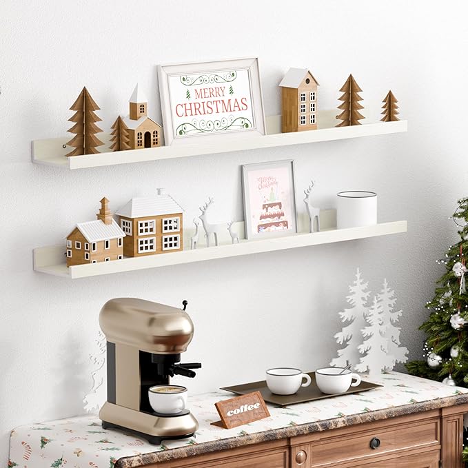upsimples Floating Shelves for Wall, 35.5 Inch Shelves for Decor Storage Set of 6, Wall Mounted Wood Shelf for Bedroom, Living Room, Bathroom, Kitchen, Long Picture Ledge Shelves, White