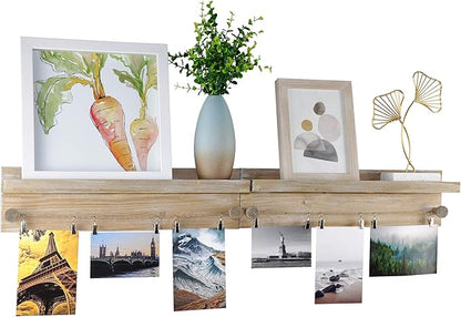 Set of 2 Wall-Mounted Picture Ledge Shelves - Twine Cords with Metal Clips - Rustic Torched Wood - Farmhouse Gray - for Hanging Photos, Prints, Artwork in Nursery, Living, Bedroom