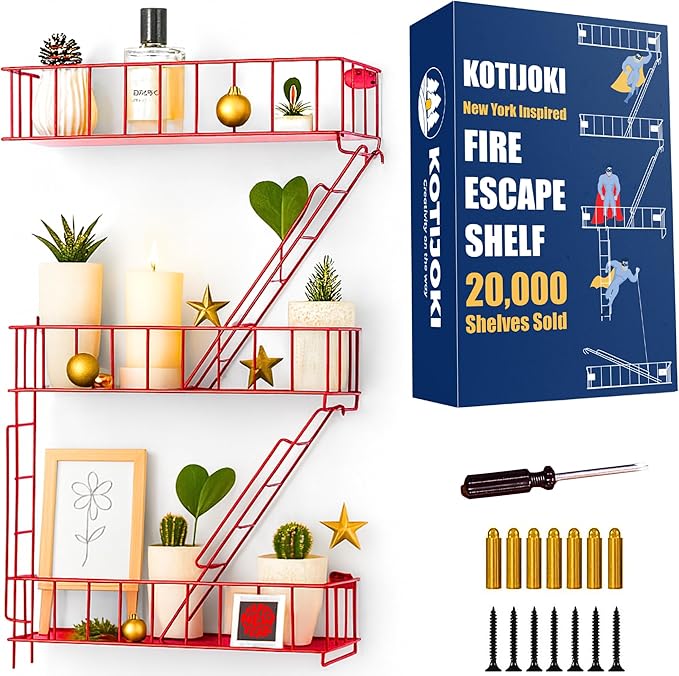 Fire Escape Wall Shelf – New York Decorative Floating Shelf – Wall Art Ladder Shelf – Red Metal Trinket Shelves for Bedroom, Home, Office, Storage and Display (3-Tier)