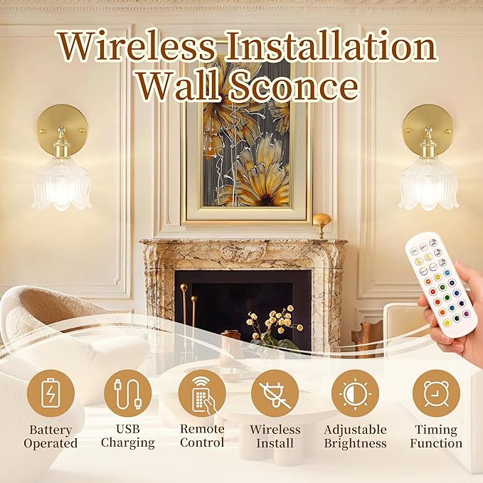 Vintage Battery Wall Sconce with Flower lampshade,Rechargeable Battery Powered Wall Lights,Wall lamp with 15 Colors for Bedroom Living Room Home Decor (Flower White, 2 Light Battery Operated)