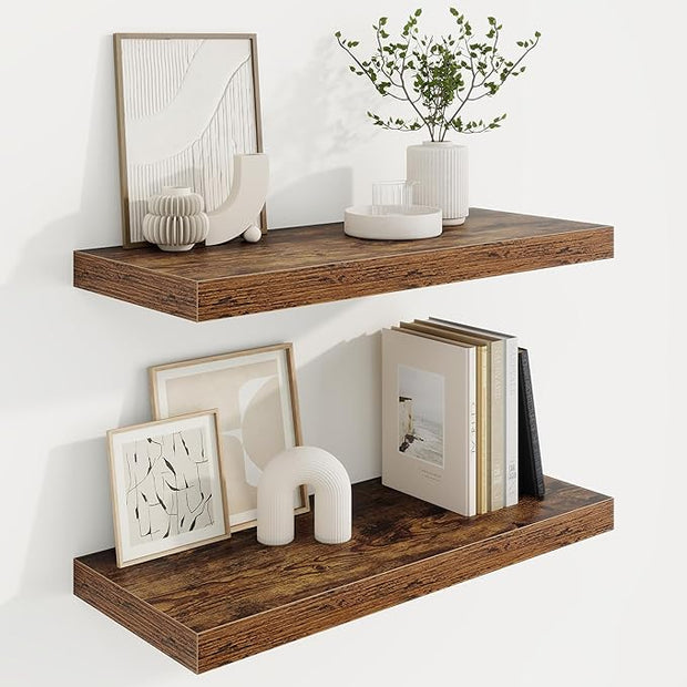 Marsmiles 24in Floating Shelves for Wall, 24" W x 9.25" D x 1.25" H, 2 Pack Long Wall Mounted Engineered Wood Shelves with Invisible Brackets for Living Room, Bedroom, Bathroom, Kitchen, Rustic Brown