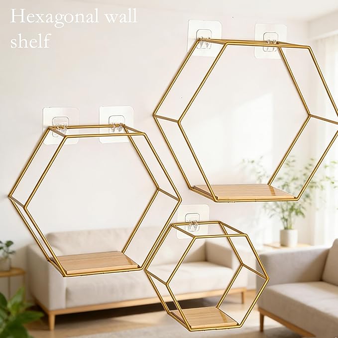 Gold Floating Wall Shelves Set of 3,Metal Hexagon Shelving Geometric Wall Mounted Design for Living Room, Bedroom, Kitchen & Office Decor, Easy Install Modern Display Shelves with Golden Finish