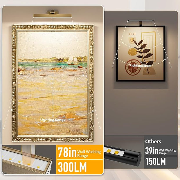 Picture Lights for Wall, Brass Battery Operated Picture Light 16in Art Light CCT Dimmable Recharging Battery Wall Light with Remote Control for Living Room Gallery
