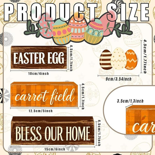Easter Decorations - Easter Egg Carrot Field Tiered Tray Decor - Wooden Farmhouse Easter Tabletop Sign with Eggs & Carrot Theme - Rustic Spring Home Decor for Shelf Mantel Kitchen - Spring Home Decor for Living Room, Kitchen Counter