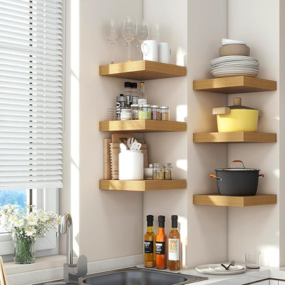 Square Floating Shelves for Wall 12"W x 12"D x 1.4"H, Small Engineered Wood Wall Shelves with Invisible Brackets for Living Room Bedroom Bathroom Office Kitchen Storage & Decor, Oak Finish, Set of 3