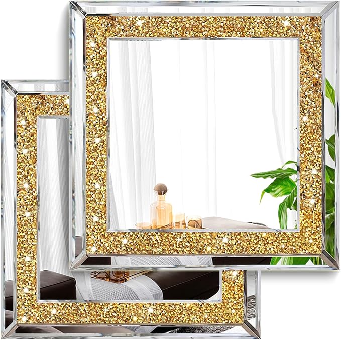 2 Piece Wall Mirrors, Crush Diamond Wall Decor, Gold Color Decorative Mirrors for Living Room, Bedroom, Bathroom. (12'x12')