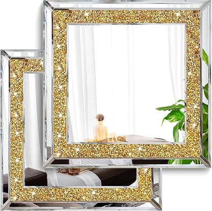 2 Piece Wall Mirrors, Crush Diamond Wall Decor, Gold Color Decorative Mirrors for Living Room, Bedroom, Bathroom. (12'x12')