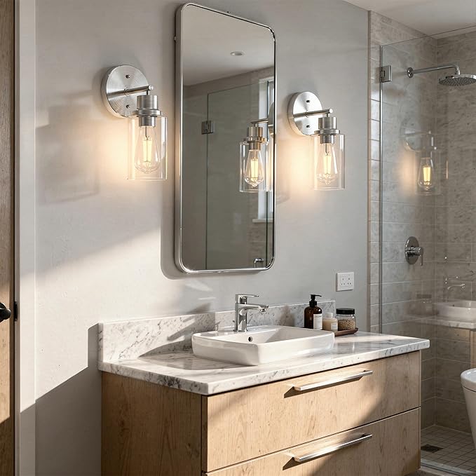 1-Light Bathroom Wall Sconce with Clear Glass Shade, Modern Vanity Light Fixture Over Mirror for Bathroom, Bedroom, Hallway, Living Room-Brushed Nickel