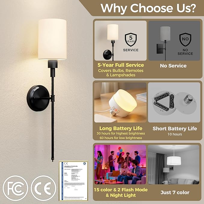 DORESshop Battery Operated Wall Sconce Set of 2, Wireless Wall Light Easy to Install, 7 Color Rechargeable Wall Sconces, Sconce Wall Decor Set of 2 for Bedroom, Living Room, Black, 24.3in