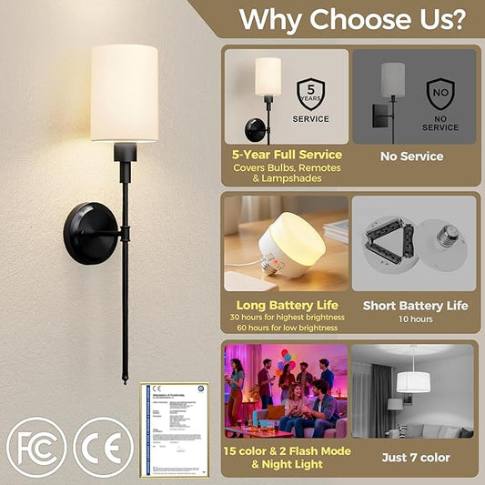 DORESshop Battery Operated Wall Sconce Set of 2, Wireless Wall Light Easy to Install, 7 Color Rechargeable Wall Sconces, Sconce Wall Decor Set of 2 for Bedroom, Living Room, Black, 24.3in