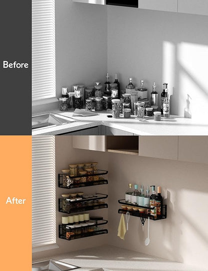 Spice Rack Wall Mount with Hooks - Spice Racks Organizer for Cabinet Storage, Wall Mounted Hanging Shelf Seasoning Organizer, for Kitchen, Pantry Door, Bathroom (Black, 4 Pack)