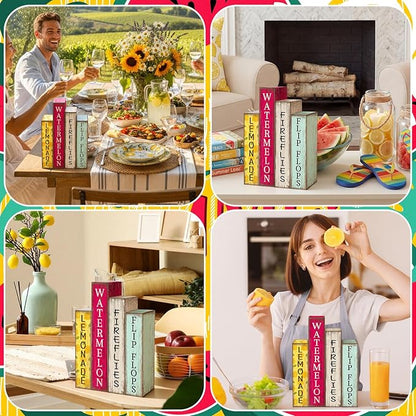 4 Pcs Summer Table Decoration Wooden Book Lemon Watermelon Wooden Sign Yellow and Red Summer Tiered Tray Decor Wood Book Sign Farmhouse for Home Shelf Coffee Table