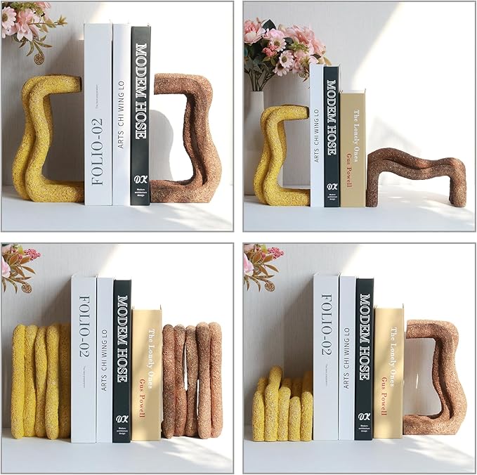 Lukitas Curved Wave Decorative Bookends - Heavy Duty Non-Slip Book Holders, Modern Artistic Ornaments for Office Home Bookshelf Decor, Resin 7.5''